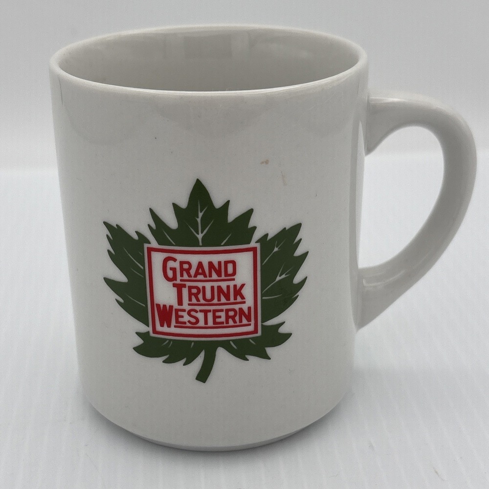 Grand Trunk Western Railroad Vintage Coffee Mug Green Maple Leaf Logo White
